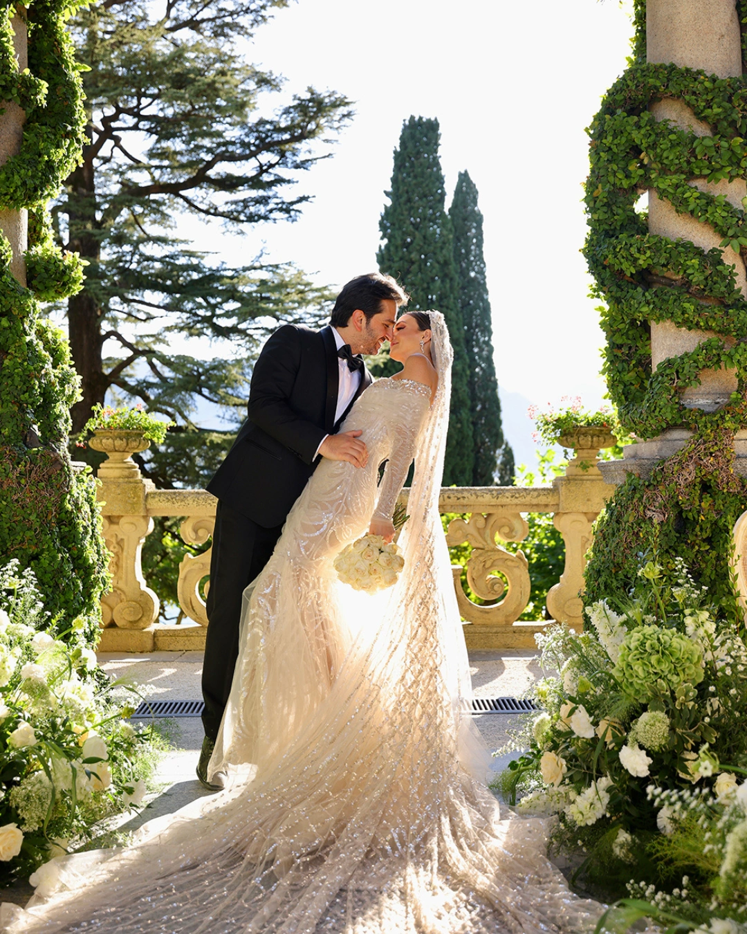 A couple embracing at their destination wedding venue