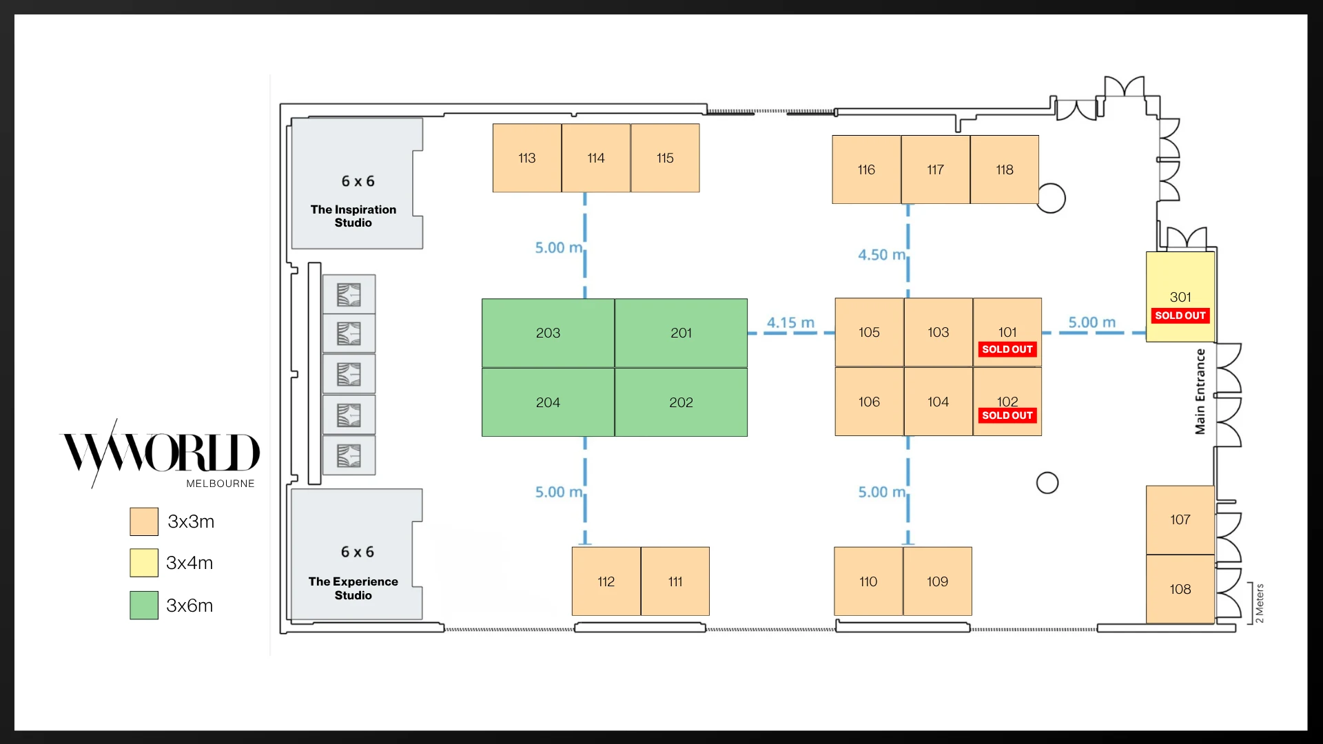 Wedded World Melbourne event floor plan showing 3x3m, 3x4m and 3x6m exhibition spaces